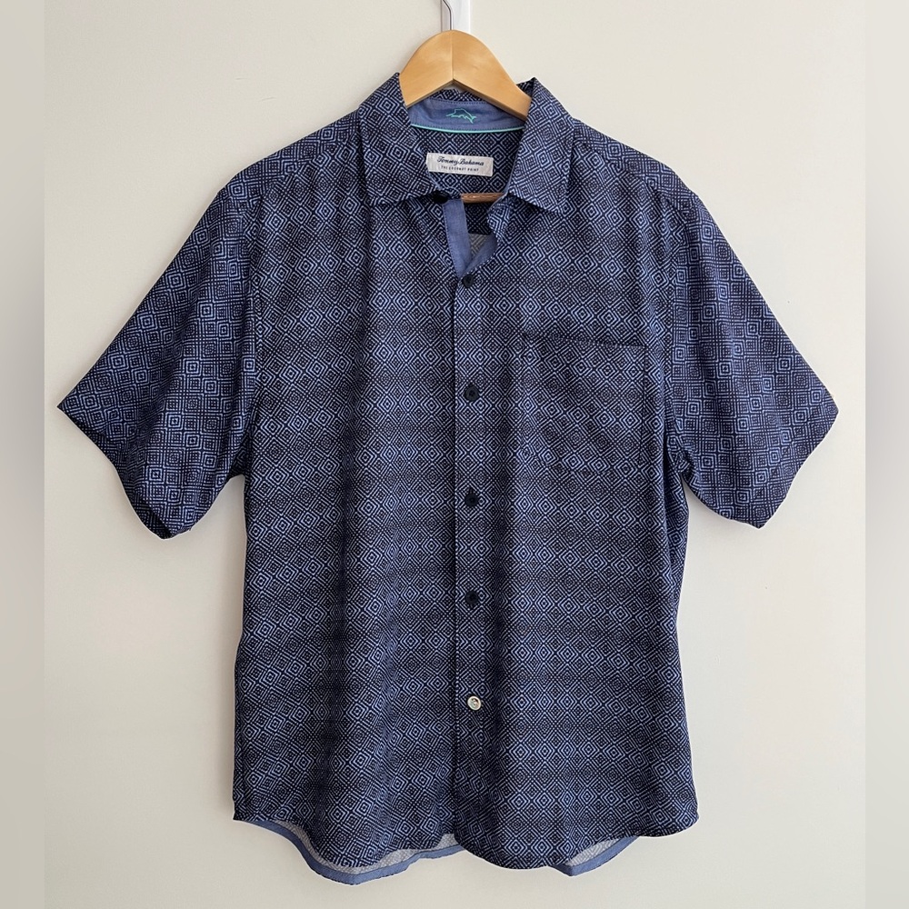 TOMMY BAHAMA The Coconut Point Short Sleeve Camp Shirt Geometric Ocean Deep NWT